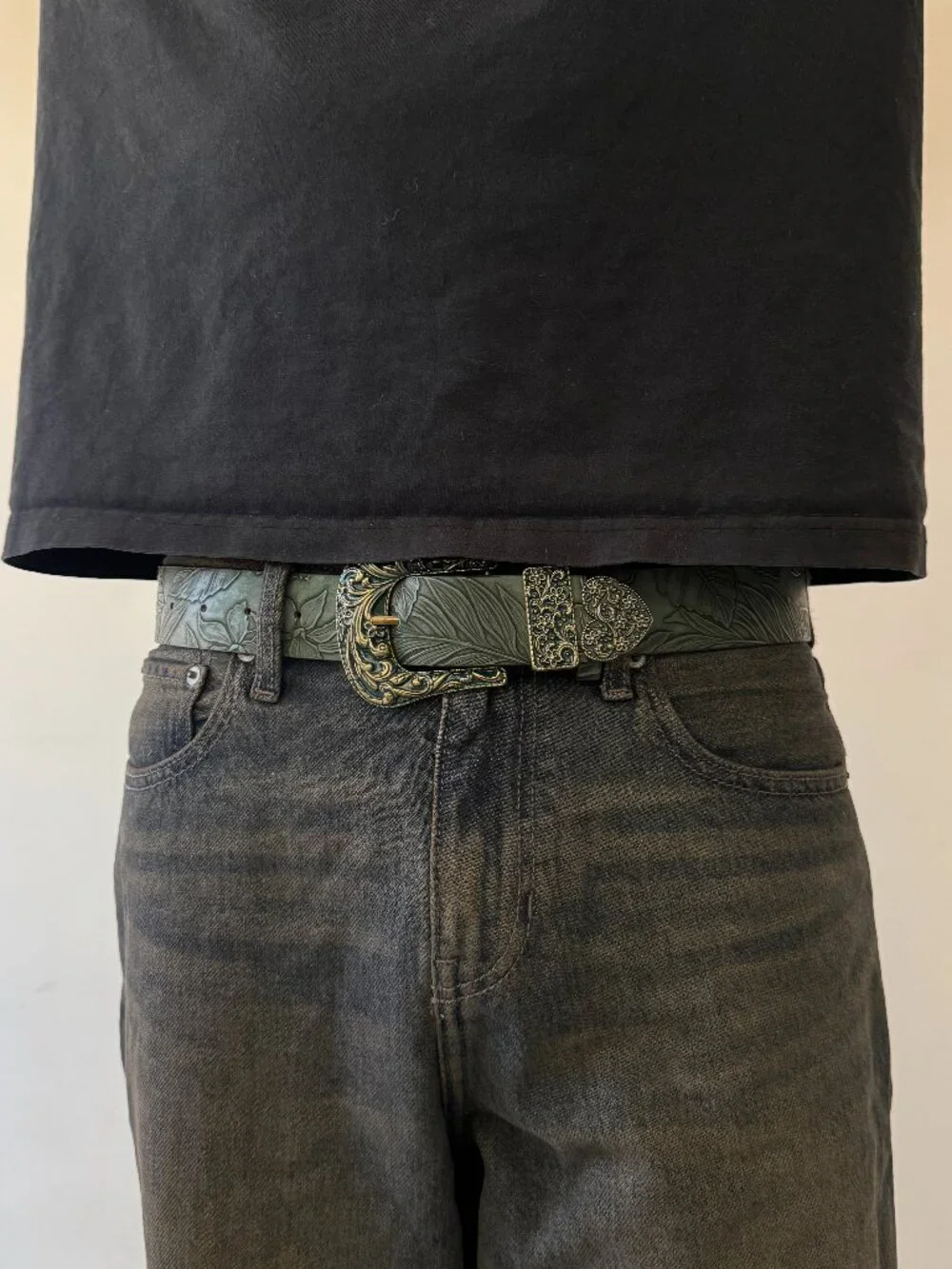 Olive Green Tooled Faux Leather Western Buckle Belt